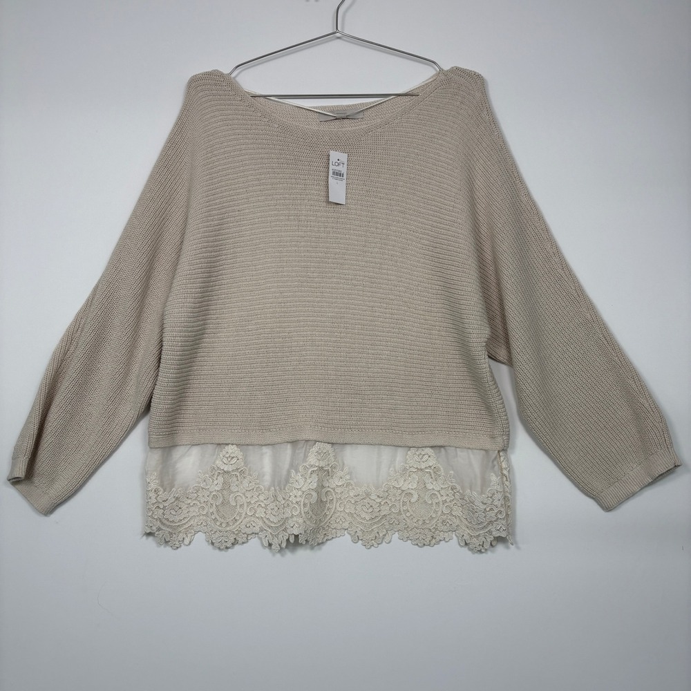 NWT Loft Women Sweater L Beige Lace Trim Cotton Long Sleeve Pullover 41257265